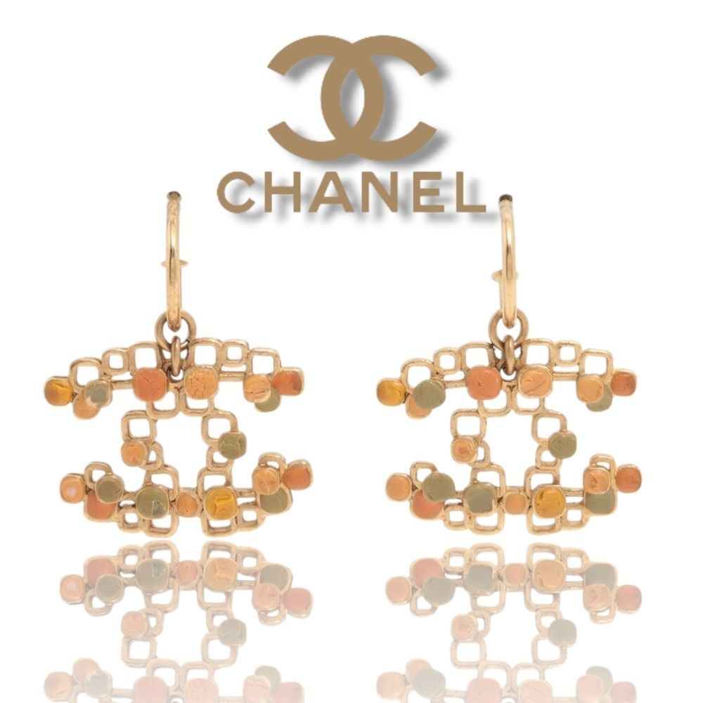 CHANEL 2003 Summer Geometric CC Drop Hoop Earrings Gold & Multicolor Enamel